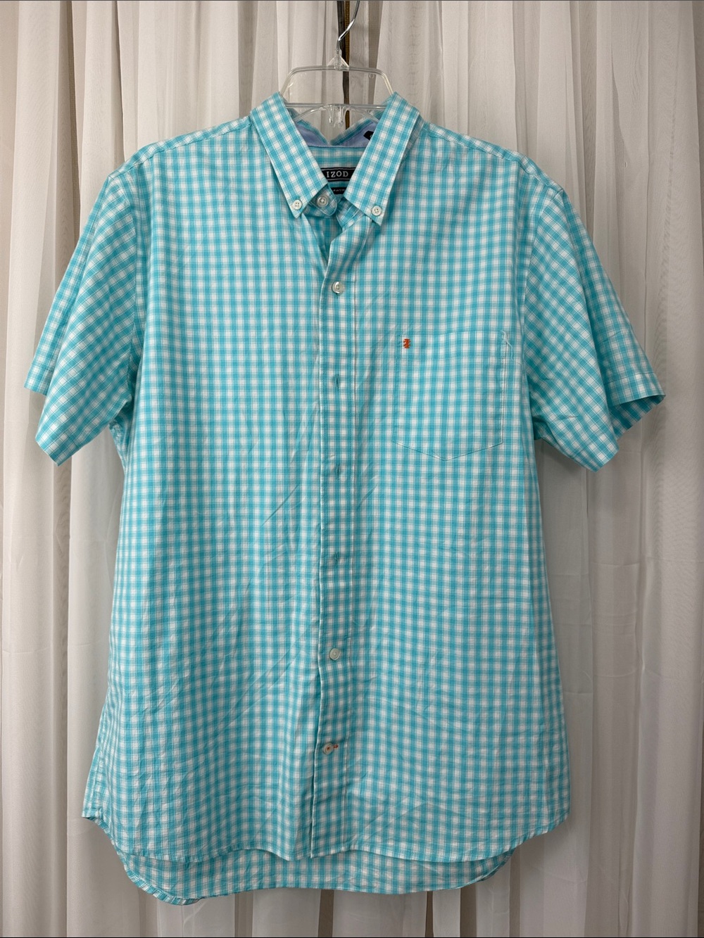 IZOD Men’s Large Aqua Gingham Button Down Short Sleeve Shirt